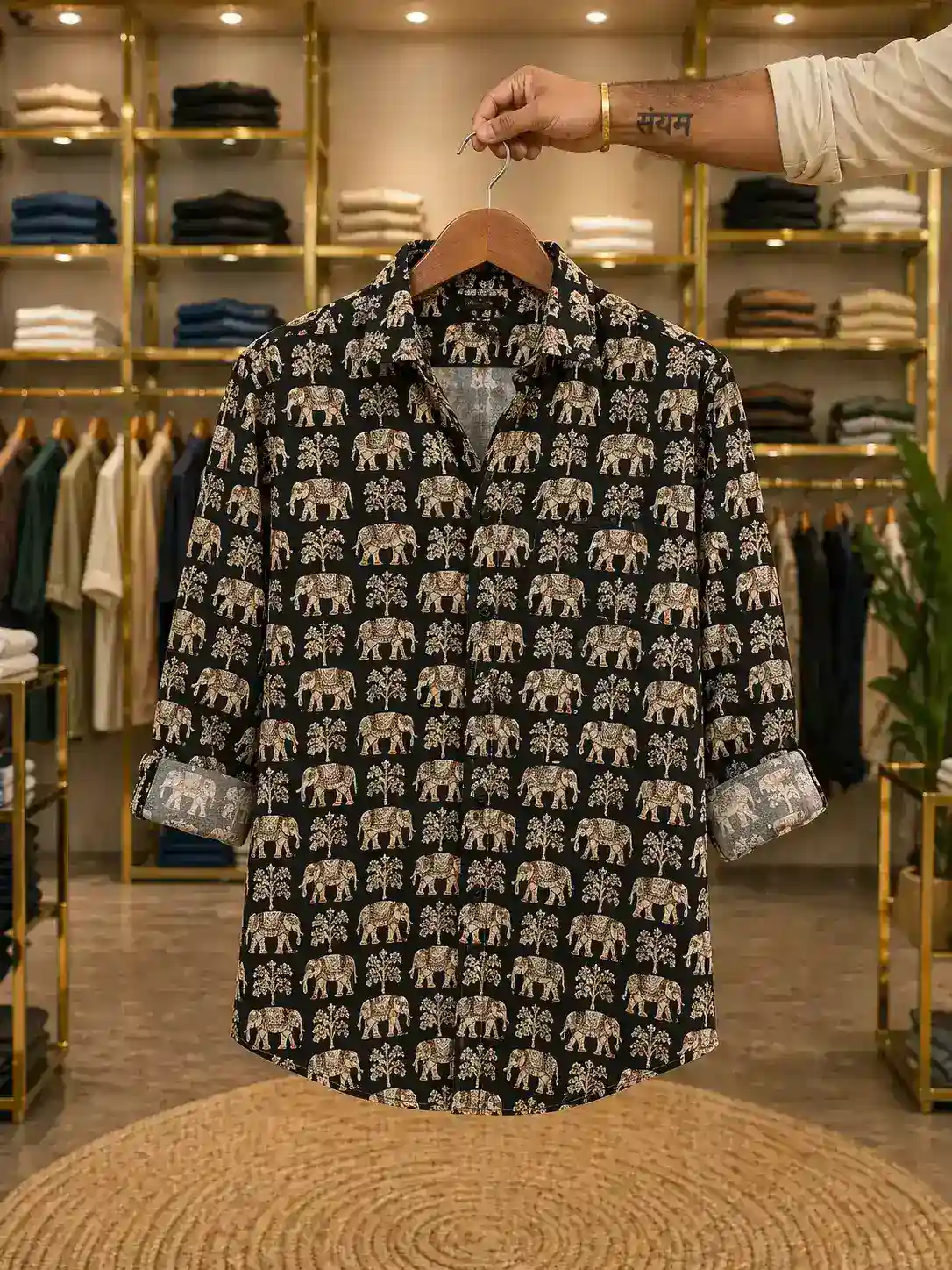 Men's Black Stylish Elephant Print Shirt